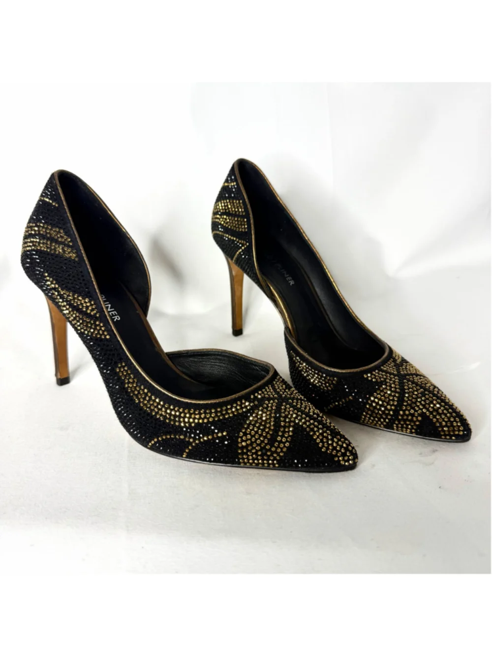 Donald J Pliner Black & Gold Rhinestone Pointed Toe Stiletto Heels Size 7.5